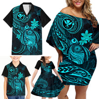 Hawaii Family Matching Off Shoulder Short Dress and Hawaiian Shirt Turtle Mix Polynesian Plumeria Turquoise Version - Wonder Print Shop