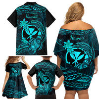 Hawaii Family Matching Off Shoulder Short Dress and Hawaiian Shirt Turtle Mix Polynesian Plumeria Turquoise Version - Wonder Print Shop
