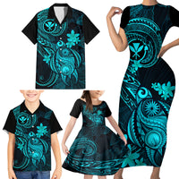 Hawaii Family Matching Short Sleeve Bodycon Dress and Hawaiian Shirt Turtle Mix Polynesian Plumeria Turquoise Version - Wonder Print Shop