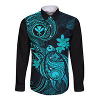 Hawaii Long Sleeve Button Shirt Turtle Mix Polynesian Plumeria Turquoise Version - Wonder Print Shop