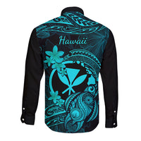 Hawaii Long Sleeve Button Shirt Turtle Mix Polynesian Plumeria Turquoise Version - Wonder Print Shop