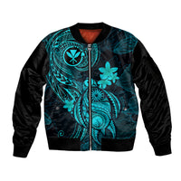 Hawaii Sleeve Zip Bomber Jacket Turtle Mix Polynesian Plumeria Turquoise Version - Wonder Print Shop