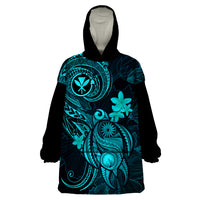 Hawaii Wearable Blanket Hoodie Turtle Mix Polynesian Plumeria Turquoise Version - Wonder Print Shop