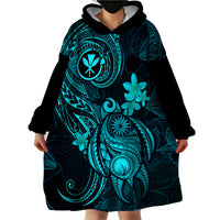 Hawaii Wearable Blanket Hoodie Turtle Mix Polynesian Plumeria Turquoise Version - Wonder Print Shop