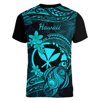 Hawaii Women V Neck T Shirt Turtle Mix Polynesian Plumeria Turquoise Version - Wonder Print Shop