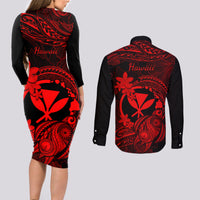 Hawaii Couples Matching Long Sleeve Bodycon Dress and Long Sleeve Button Shirts Turtle Mix Polynesian Plumeria Red Version - Wonder Print Shop
