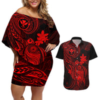 Hawaii Couples Matching Off Shoulder Short Dress and Hawaiian Shirt Turtle Mix Polynesian Plumeria Red Version - Wonder Print Shop