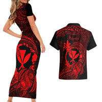 Hawaii Couples Matching Short Sleeve Bodycon Dress and Hawaiian Shirt Turtle Mix Polynesian Plumeria Red Version - Wonder Print Shop
