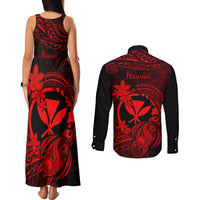Hawaii Couples Matching Tank Maxi Dress and Long Sleeve Button Shirts Turtle Mix Polynesian Plumeria Red Version - Wonder Print Shop