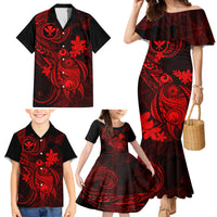 Hawaii Family Matching Mermaid Dress and Hawaiian Shirt Turtle Mix Polynesian Plumeria Red Version - Wonder Print Shop