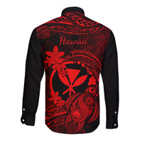 Hawaii Long Sleeve Button Shirt Turtle Mix Polynesian Plumeria Red Version - Wonder Print Shop