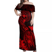 Hawaii Off Shoulder Maxi Dress Turtle Mix Polynesian Plumeria Red Version - Wonder Print Shop