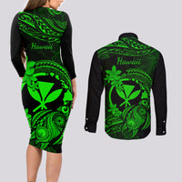 Hawaii Couples Matching Long Sleeve Bodycon Dress and Long Sleeve Button Shirts Turtle Mix Polynesian Plumeria Green Version - Wonder Print Shop