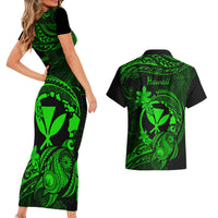 Hawaii Couples Matching Short Sleeve Bodycon Dress and Hawaiian Shirt Turtle Mix Polynesian Plumeria Green Version - Wonder Print Shop