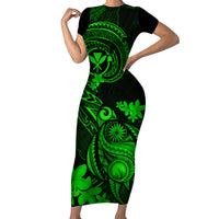 Hawaii Family Matching Short Sleeve Bodycon Dress and Hawaiian Shirt Turtle Mix Polynesian Plumeria Green Version - Wonder Print Shop