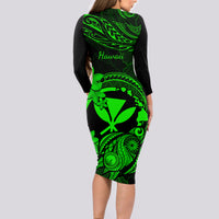 Hawaii Long Sleeve Bodycon Dress Turtle Mix Polynesian Plumeria Green Version - Wonder Print Shop