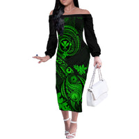 Hawaii Off The Shoulder Long Sleeve Dress Turtle Mix Polynesian Plumeria Green Version - Wonder Print Shop