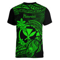 Hawaii Women V Neck T Shirt Turtle Mix Polynesian Plumeria Green Version - Wonder Print Shop