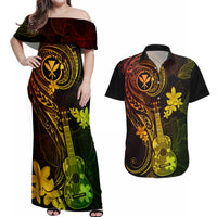 Hawaii Couples Matching Off Shoulder Maxi Dress and Hawaiian Shirt Ukulele Mix Polynesian Plumeria Reggae Version - Wonder Print Shop