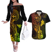 Hawaii Couples Matching Off The Shoulder Long Sleeve Dress and Hawaiian Shirt Ukulele Mix Polynesian Plumeria Reggae Version - Wonder Print Shop