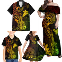 Hawaii Family Matching Off Shoulder Maxi Dress and Hawaiian Shirt Ukulele Mix Polynesian Plumeria Reggae Version - Wonder Print Shop