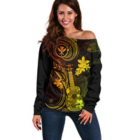 Hawaii Off Shoulder Sweater Ukulele Mix Polynesian Plumeria Reggae Version - Wonder Print Shop