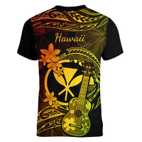 Hawaii Women V Neck T Shirt Ukulele Mix Polynesian Plumeria Reggae Version - Wonder Print Shop