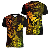 Hawaii Women V Neck T Shirt Ukulele Mix Polynesian Plumeria Reggae Version - Wonder Print Shop