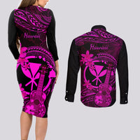 Hawaii Couples Matching Long Sleeve Bodycon Dress and Long Sleeve Button Shirts Ukulele Mix Polynesian Plumeria Pink Version - Wonder Print Shop