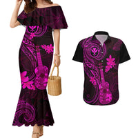 Hawaii Couples Matching Mermaid Dress and Hawaiian Shirt Ukulele Mix Polynesian Plumeria Pink Version - Wonder Print Shop