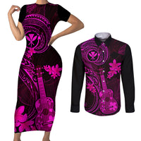 Hawaii Couples Matching Short Sleeve Bodycon Dress and Long Sleeve Button Shirts Ukulele Mix Polynesian Plumeria Pink Version - Wonder Print Shop