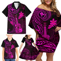 Hawaii Family Matching Off Shoulder Short Dress and Hawaiian Shirt Ukulele Mix Polynesian Plumeria Pink Version - Wonder Print Shop