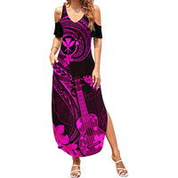 Hawaii Family Matching Summer Maxi Dress and Hawaiian Shirt Ukulele Mix Polynesian Plumeria Pink Version - Wonder Print Shop
