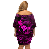 Hawaii Off Shoulder Short Dress Ukulele Mix Polynesian Plumeria Pink Version - Wonder Print Shop
