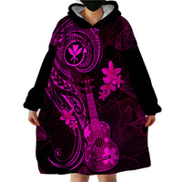 Hawaii Wearable Blanket Hoodie Ukulele Mix Polynesian Plumeria Pink Version - Wonder Print Shop