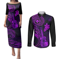 Hawaii Couples Matching Puletasi Dress and Long Sleeve Button Shirts Ukulele Mix Polynesian Plumeria Purple Version - Wonder Print Shop