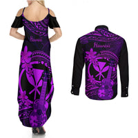 Hawaii Couples Matching Summer Maxi Dress and Long Sleeve Button Shirts Ukulele Mix Polynesian Plumeria Purple Version - Wonder Print Shop