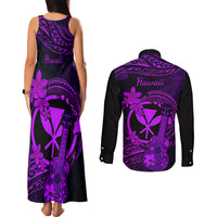 Hawaii Couples Matching Tank Maxi Dress and Long Sleeve Button Shirts Ukulele Mix Polynesian Plumeria Purple Version - Wonder Print Shop