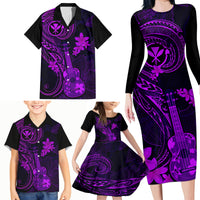 Hawaii Family Matching Long Sleeve Bodycon Dress and Hawaiian Shirt Ukulele Mix Polynesian Plumeria Purple Version - Wonder Print Shop