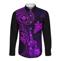 Hawaii Long Sleeve Button Shirt Ukulele Mix Polynesian Plumeria Purple Version - Wonder Print Shop