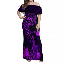 Hawaii Off Shoulder Maxi Dress Ukulele Mix Polynesian Plumeria Purple Version - Wonder Print Shop