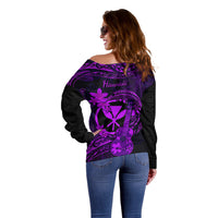 Hawaii Off Shoulder Sweater Ukulele Mix Polynesian Plumeria Purple Version - Wonder Print Shop