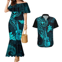 Hawaii Couples Matching Mermaid Dress and Hawaiian Shirt Ukulele Mix Polynesian Plumeria Turquoise Version - Wonder Print Shop