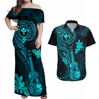 Hawaii Couples Matching Off Shoulder Maxi Dress and Hawaiian Shirt Ukulele Mix Polynesian Plumeria Turquoise Version - Wonder Print Shop