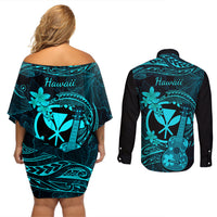 Hawaii Couples Matching Off Shoulder Short Dress and Long Sleeve Button Shirts Ukulele Mix Polynesian Plumeria Turquoise Version - Wonder Print Shop