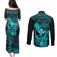 Hawaii Couples Matching Puletasi Dress and Long Sleeve Button Shirts Ukulele Mix Polynesian Plumeria Turquoise Version - Wonder Print Shop
