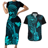Hawaii Couples Matching Short Sleeve Bodycon Dress and Hawaiian Shirt Ukulele Mix Polynesian Plumeria Turquoise Version - Wonder Print Shop