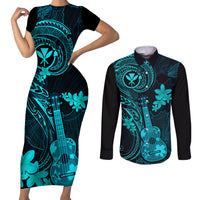 Hawaii Couples Matching Short Sleeve Bodycon Dress and Long Sleeve Button Shirts Ukulele Mix Polynesian Plumeria Turquoise Version - Wonder Print Shop