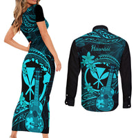Hawaii Couples Matching Short Sleeve Bodycon Dress and Long Sleeve Button Shirts Ukulele Mix Polynesian Plumeria Turquoise Version - Wonder Print Shop