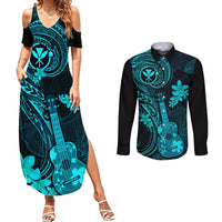 Hawaii Couples Matching Summer Maxi Dress and Long Sleeve Button Shirts Ukulele Mix Polynesian Plumeria Turquoise Version - Wonder Print Shop